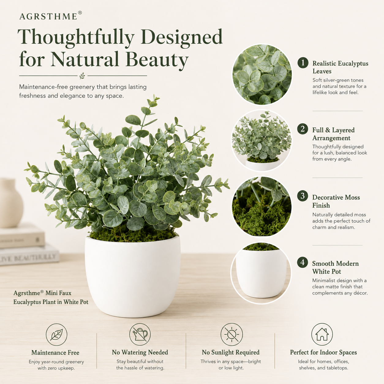 Agrsthme® Mini Faux Eucalyptus Plant in White Pot