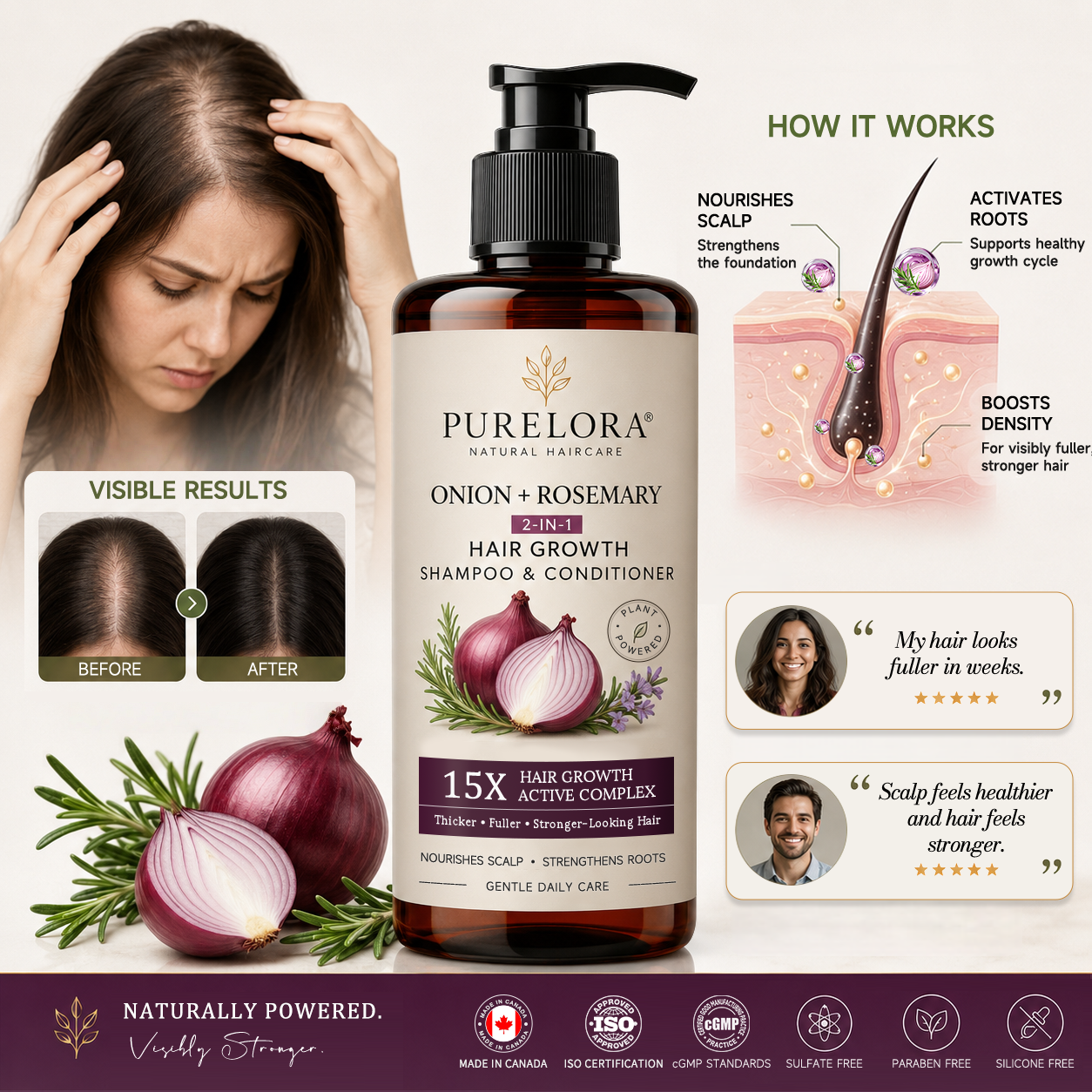 🌿👨‍⚕️ Official Canadian Flagship Store 🇨🇦 | 🔥PURELORA® Onion & Rosemary 2-in-1 Anti-Hair Loss & Growth Shampoo & Conditioner Set — Infused with a 15x hair-growth active complex to help you achieve thicker, fuller, and stronger hair.