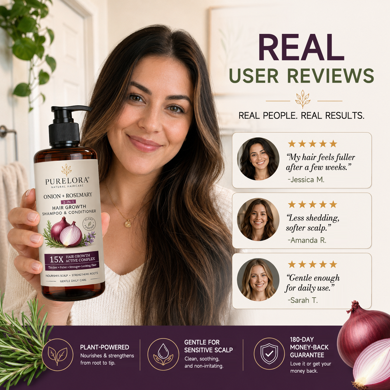 🌿👨‍⚕️ Official Canadian Flagship Store 🇨🇦 | 🔥PURELORA® Onion & Rosemary 2-in-1 Anti-Hair Loss & Growth Shampoo & Conditioner Set — Infused with a 15x hair-growth active complex to help you achieve thicker, fuller, and stronger hair.
