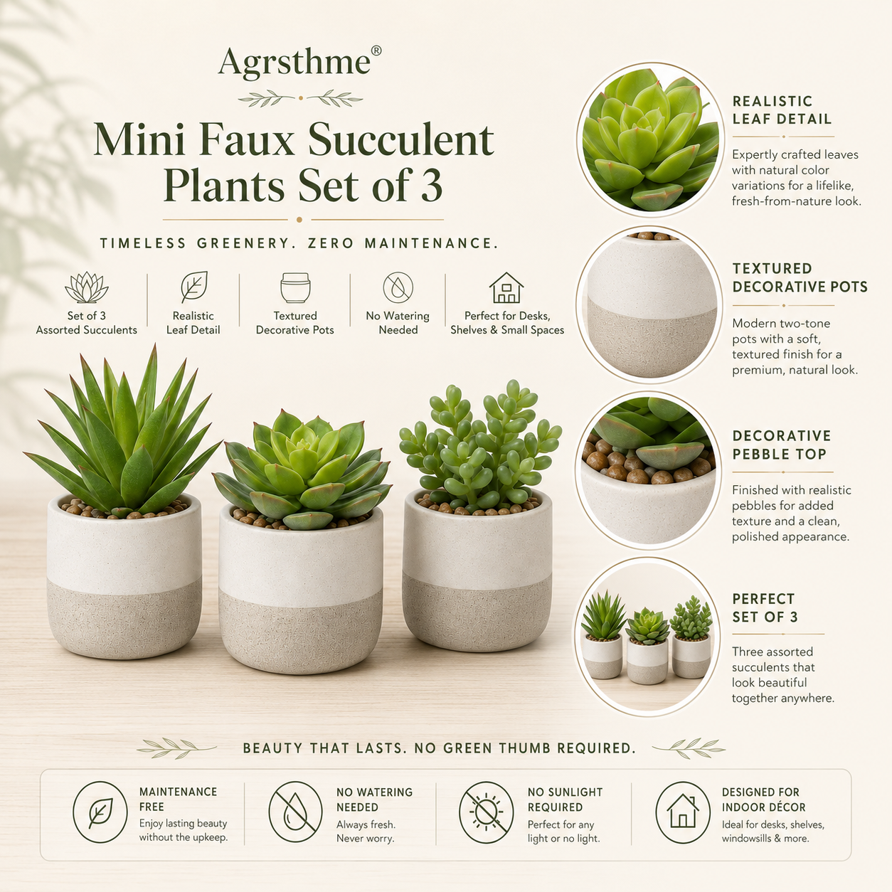 Agrsthme® Mini Faux Succulent Plants Set of 3